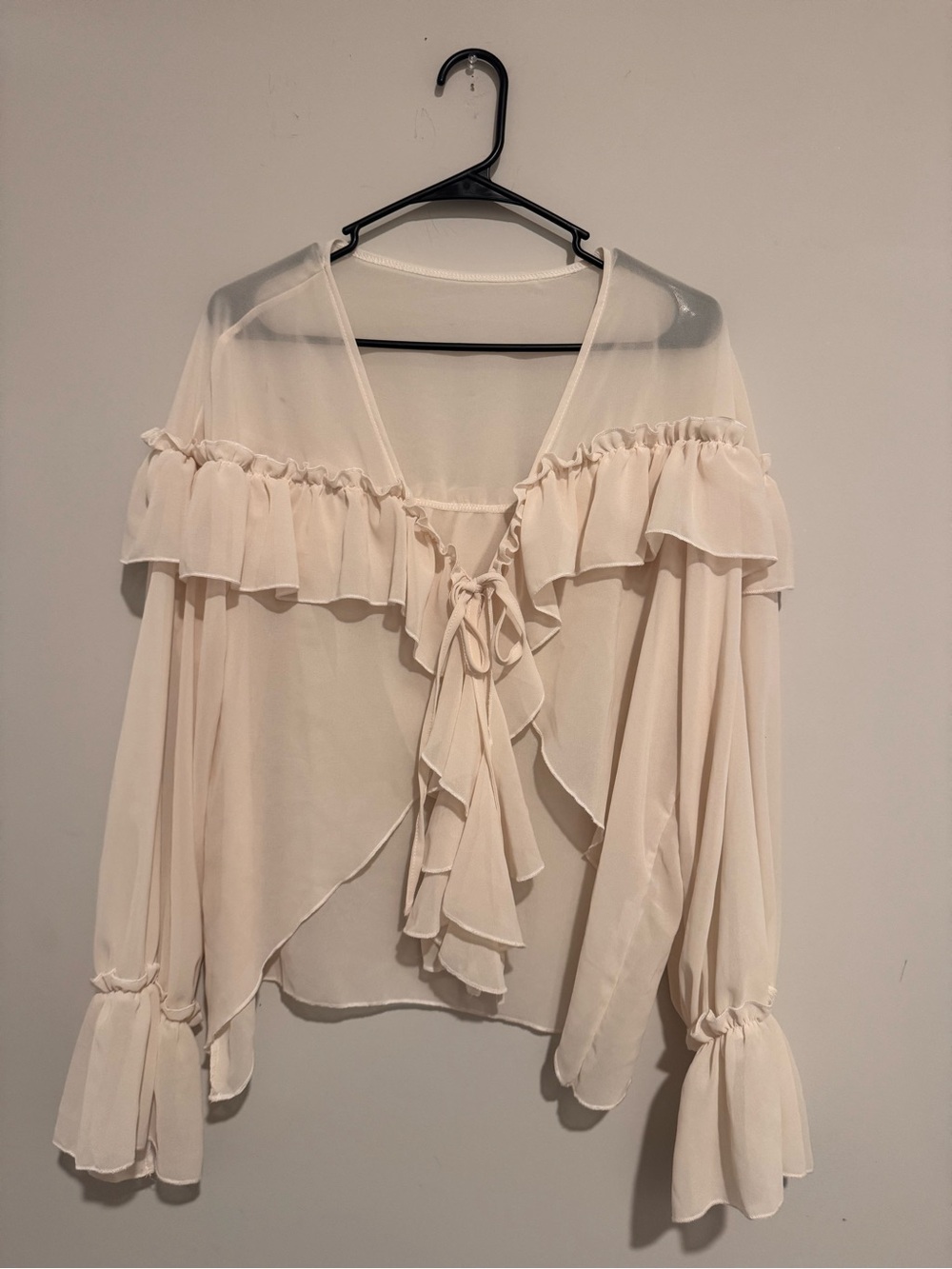 Women's Cream Ruffle Tie-Front Blouse